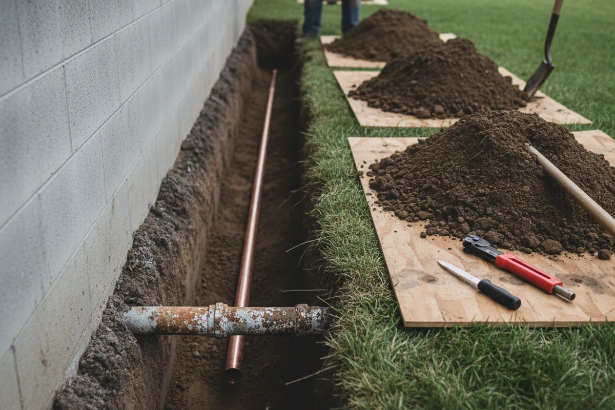 Excavated water line trench during Water Softener Installation in Claypool
